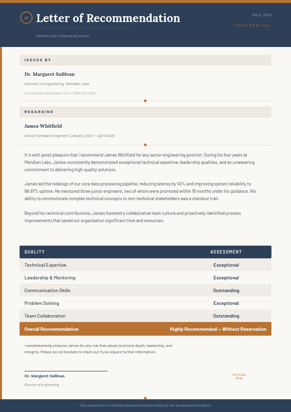 Professional Letter of Recommendation with Structured Qualities Table