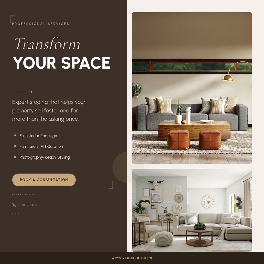 Warm Split Layout Home Staging Service Ad with Serif Headline and Feature List