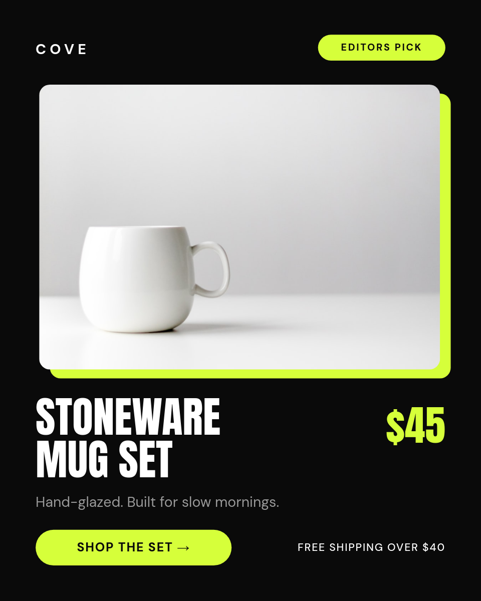 Dark Drop Mug Product Card — Lime Editors Pick with Sticker Photo