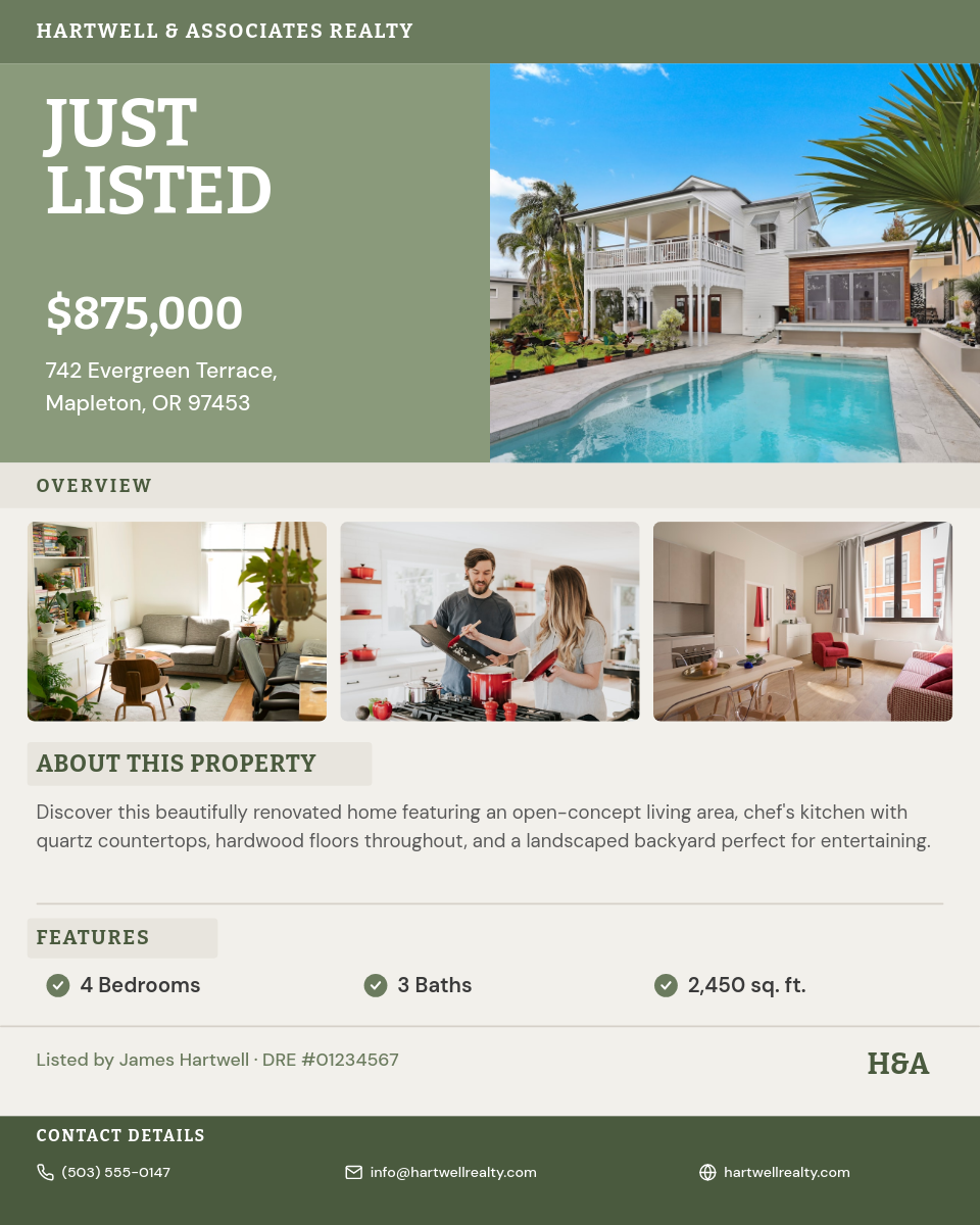 Olive Sage Structured Property Listing Flyer with Gallery and Feature Icons