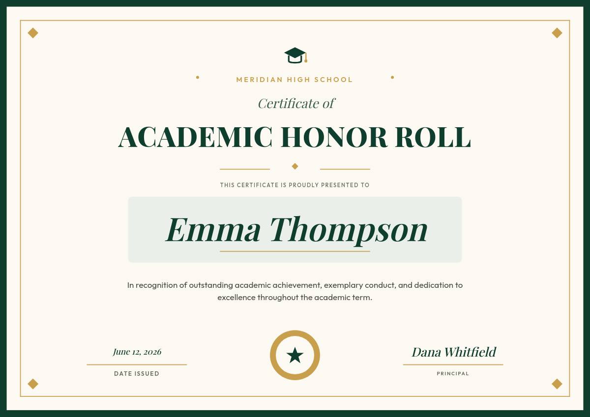 Forest Green & Gold Academic Honor Roll Certificate