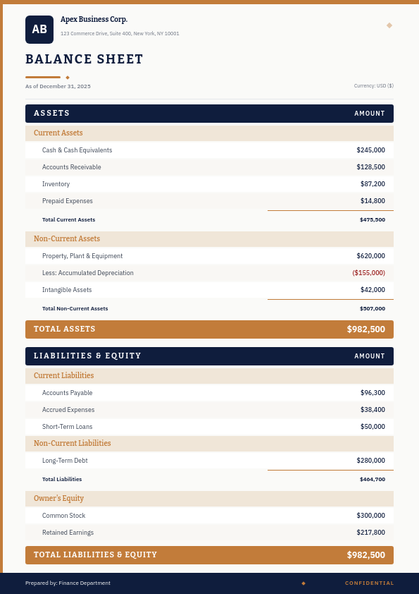 Professional Balance Sheet with Copper Accent Headers