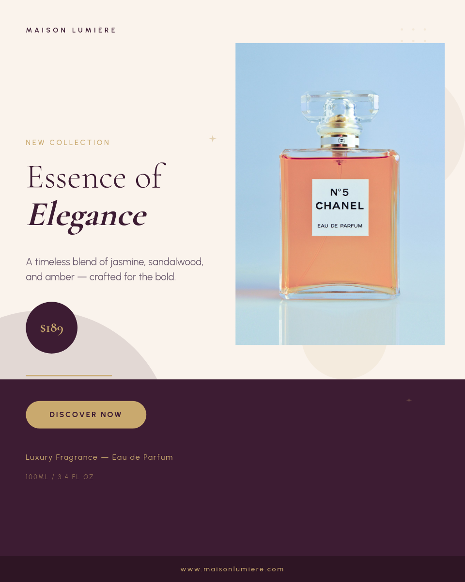 Elegant Perfume Launch with Warm Cream and Plum Accent