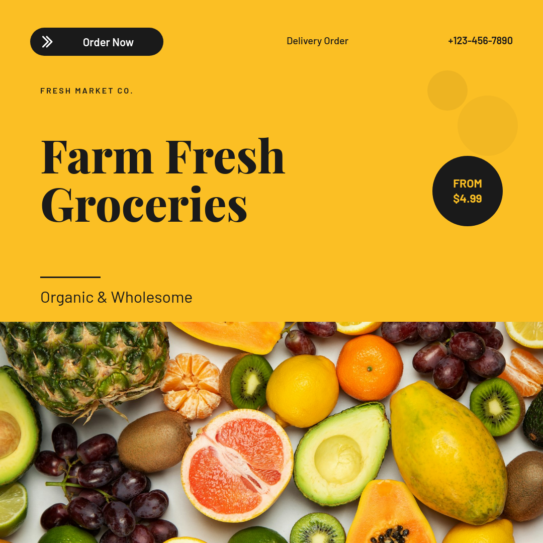 Vibrant Yellow Fresh Produce Delivery Ad with Bold Serif Headline and Price Badge