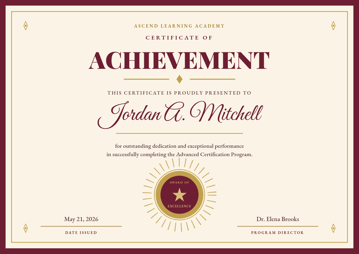 Elegant Burgundy & Gold Achievement Badge Certificate