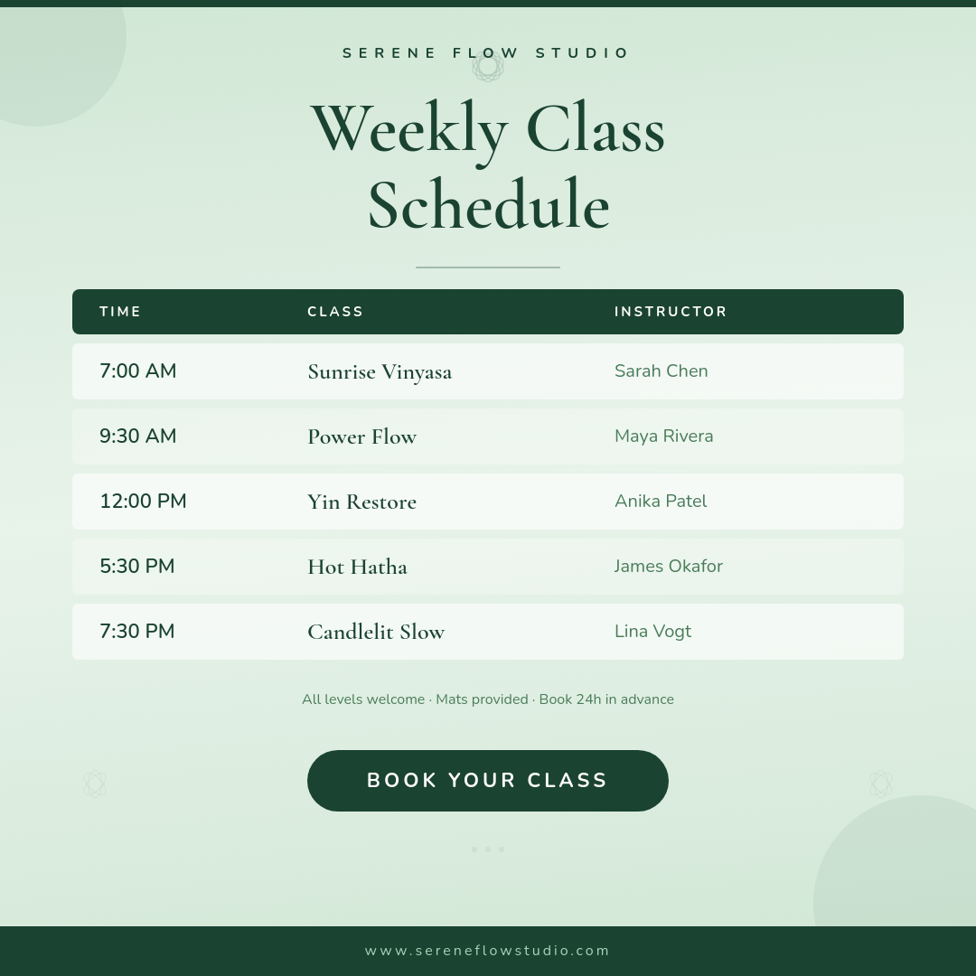 Serene Sage Yoga Studio Weekly Class Schedule with Lotus Accents and Forest Green Details