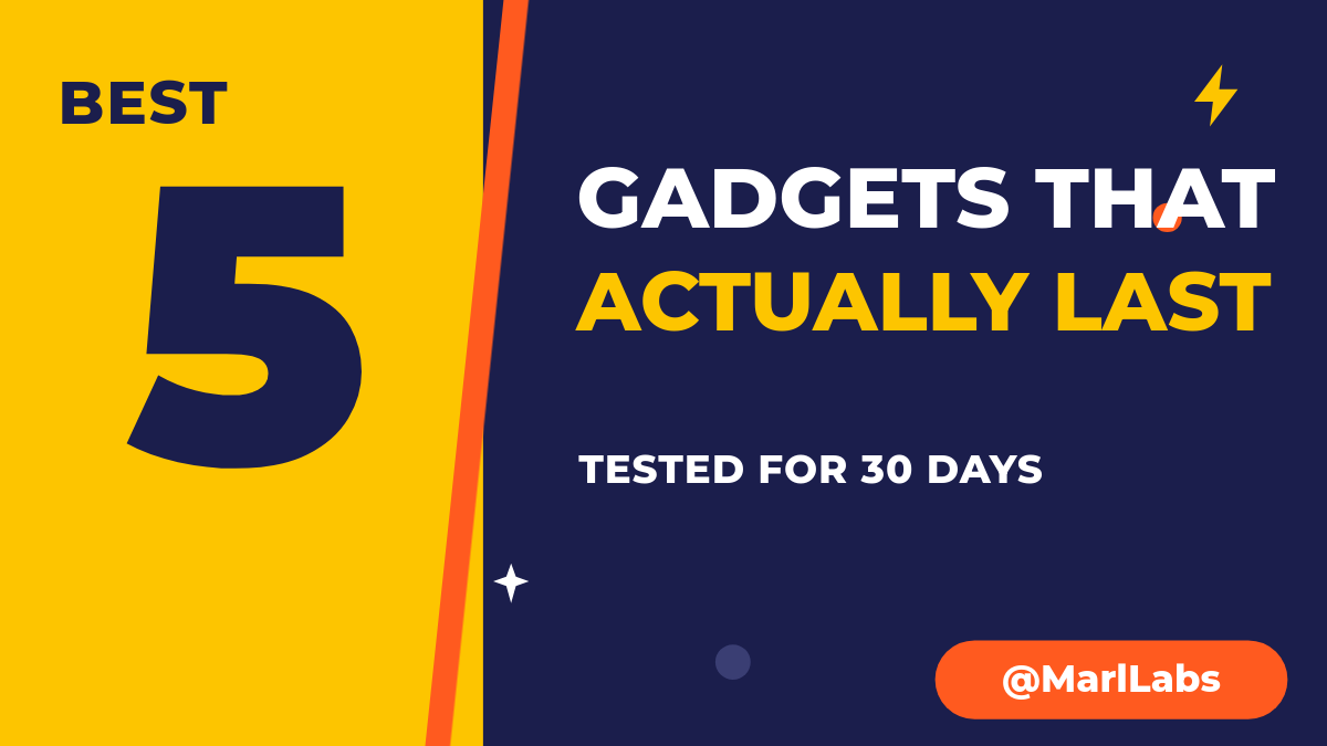 Yellow & Navy Gadget-Roundup YouTube Thumbnail — Giant Numeral, Orange Slash & Heavy Montserrat Caps