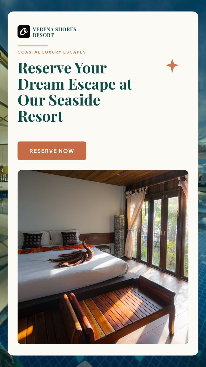 Seaside Resort Booking Story — Serif Card on Photo, Teal & Terracotta