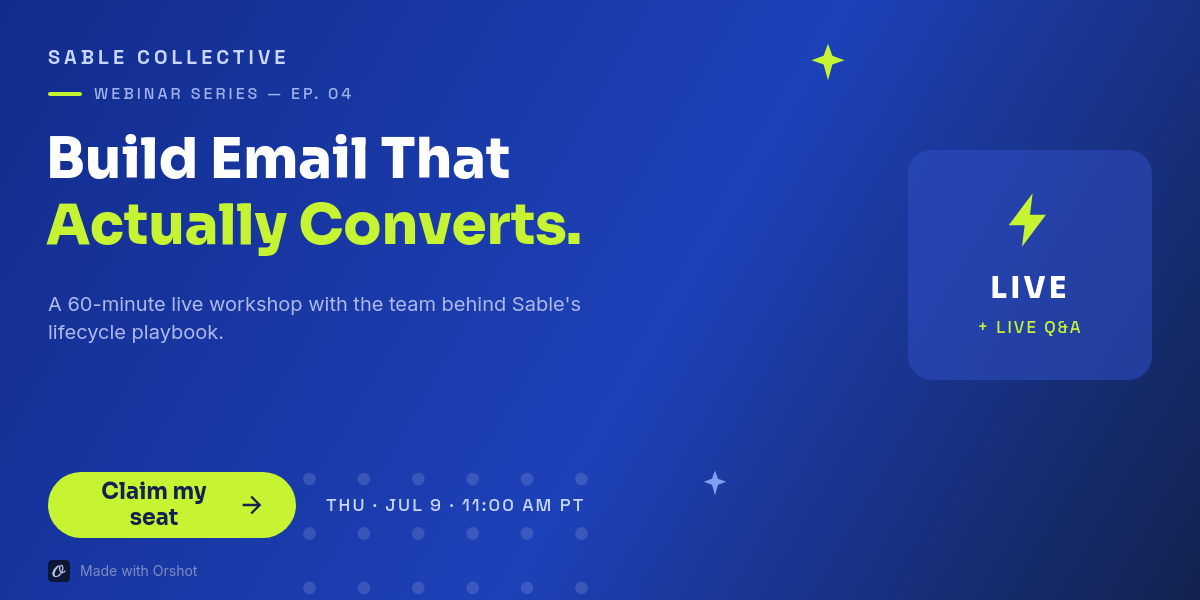 Cobalt & Lime SaaS Webinar Invite Email Banner — Sora Bold Headline, Lime Accent, LIVE Bolt Card & Seat CTA
