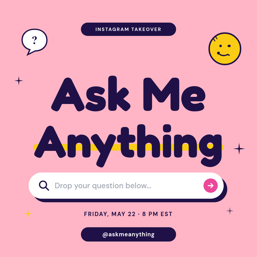 Candy Pink Ask Me Anything Instagram Engagement Post with Stacked Bold Headline, Search Bar UI Mockup and Thinking Emoji Bubble