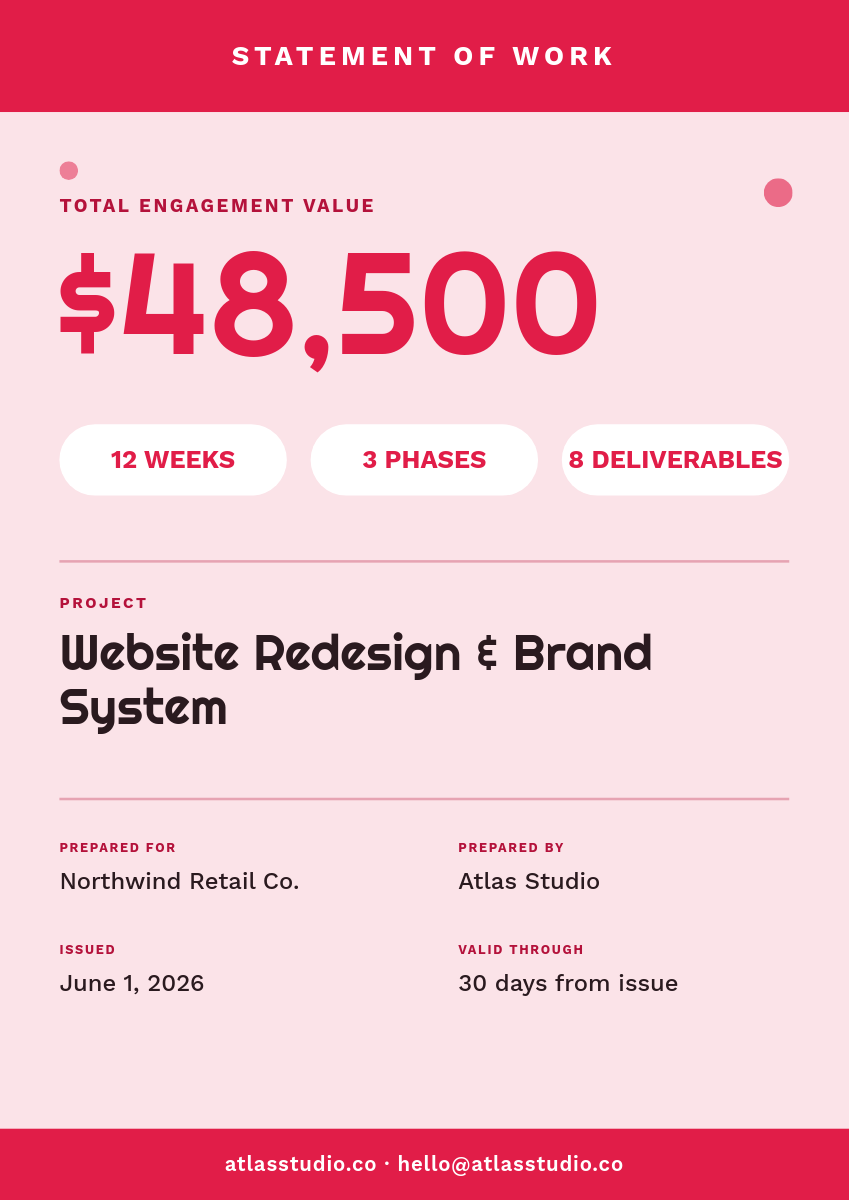 Bold Number-Led Statement of Work Cover — Pink & Red