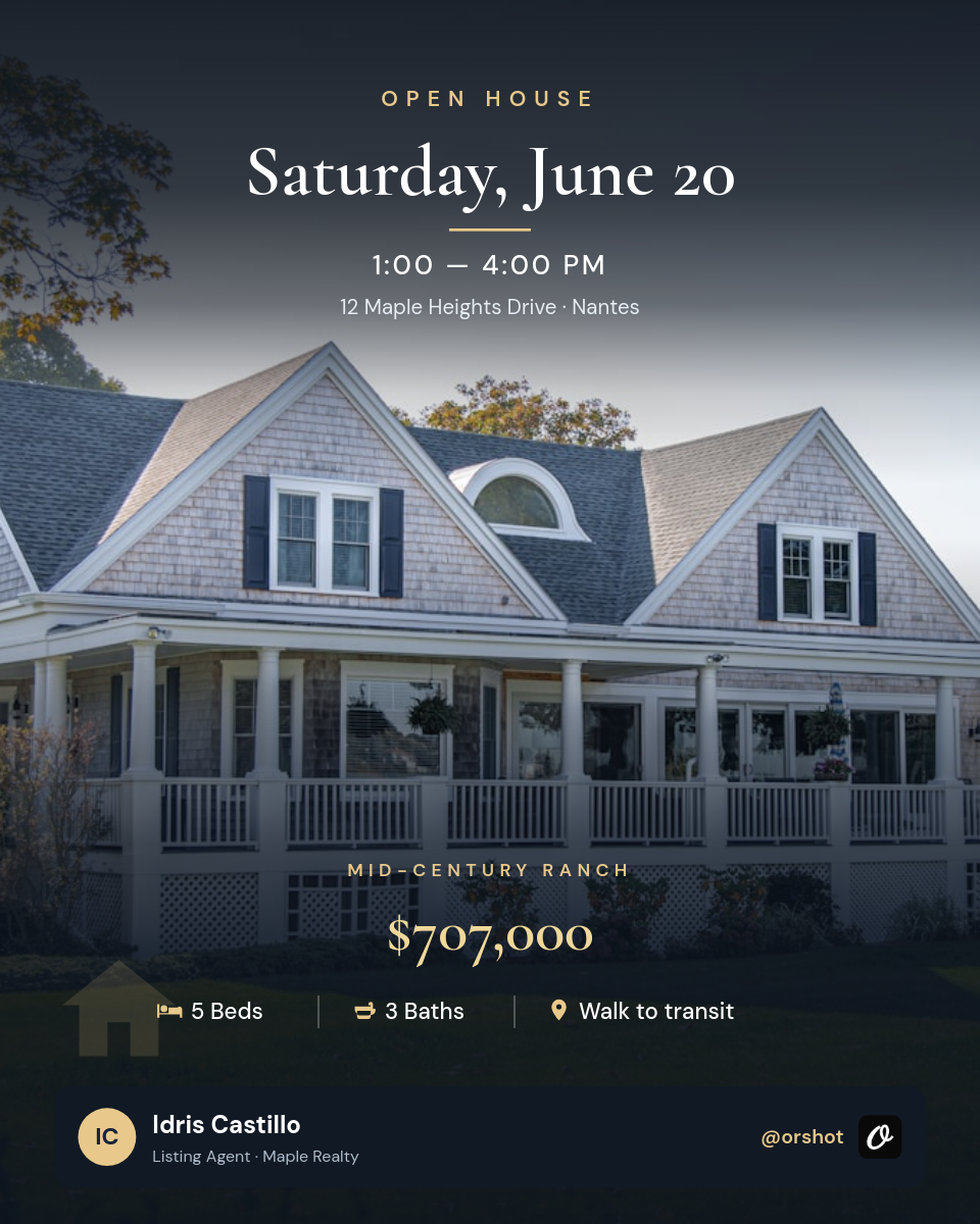 Elegant Open House Flyer — Cormorant Date Over Home Photo, Gold Spec Row & Agent Footer