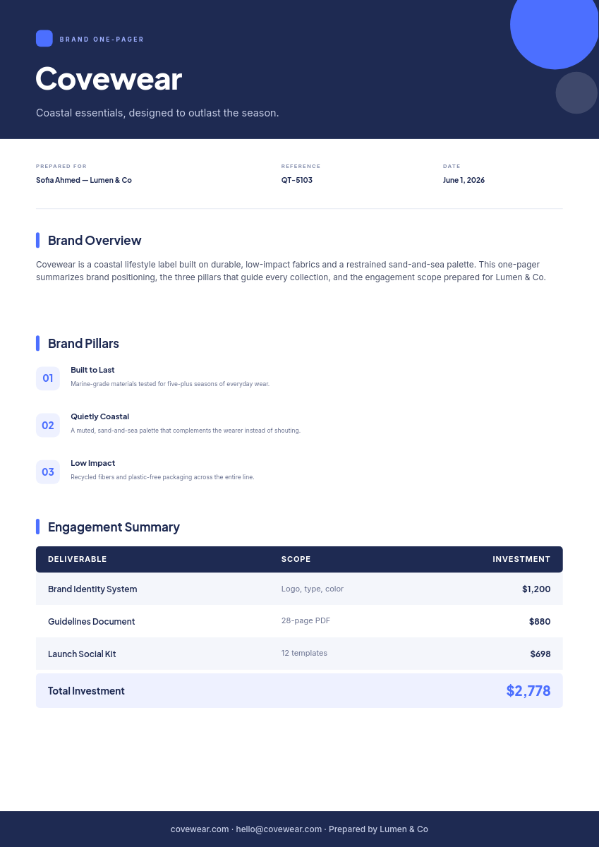 Brand One-Pager — Corporate Indigo Document with Pillars & Summary