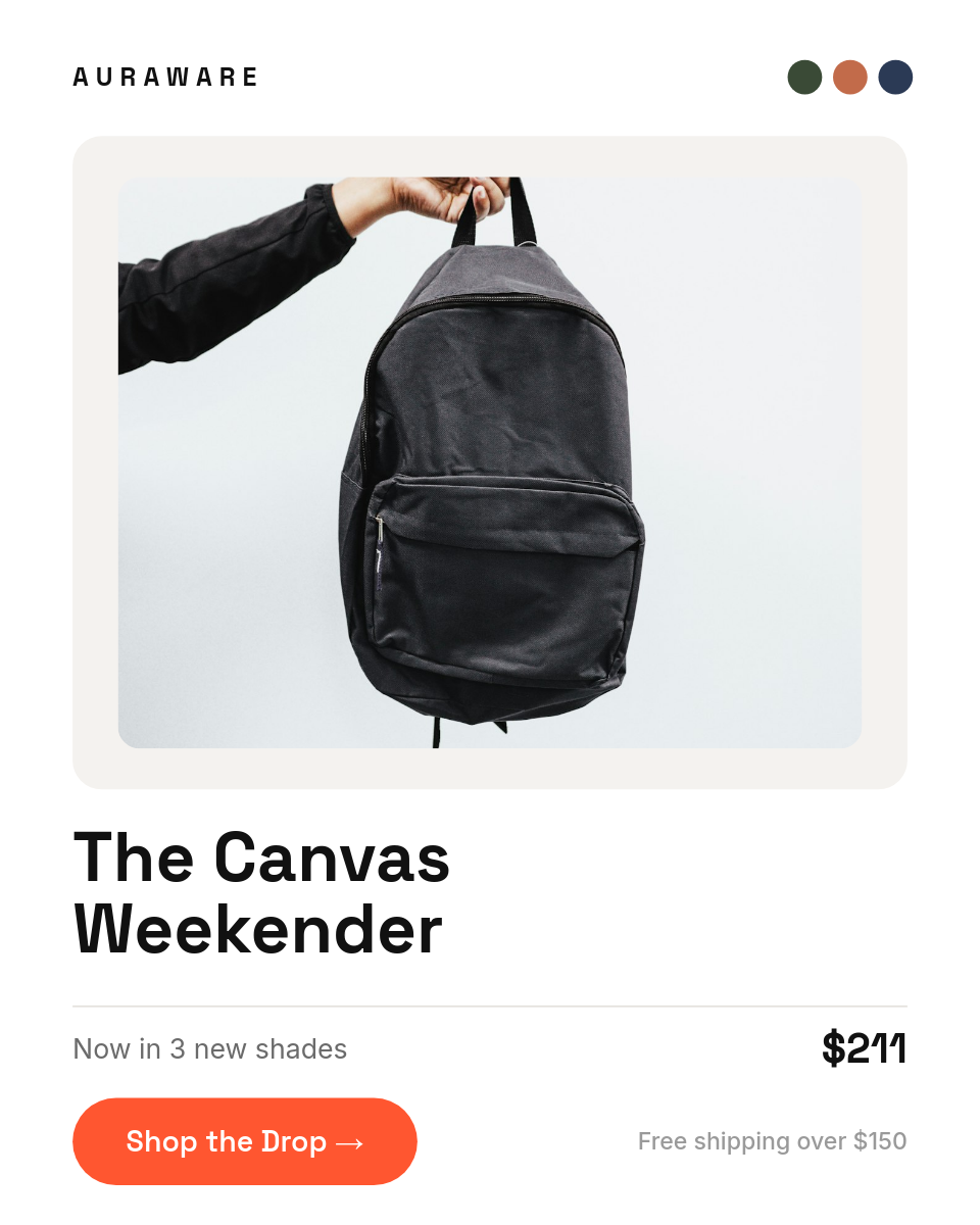 Canvas Weekender Product Card — Clean Studio White Drop
