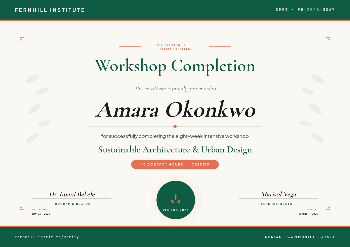Emerald & Coral Workshop Completion Certificate with Laurel Medallion