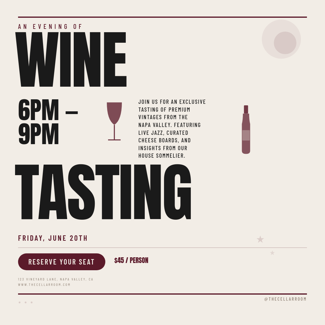 Bold Retro Typography Wine Tasting Event Post with Giant Condensed Headline on Cream