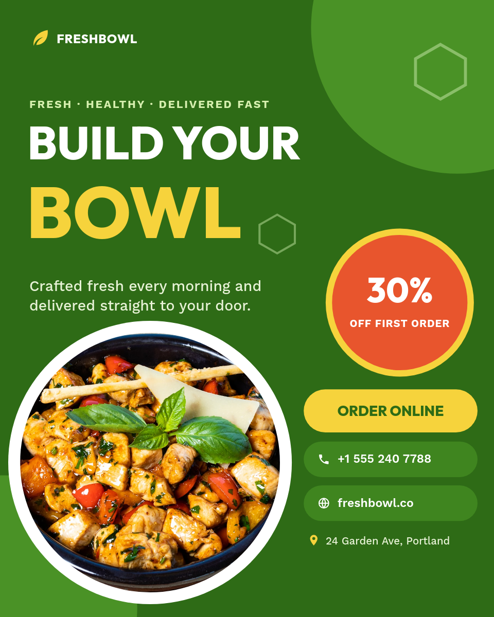 Vibrant Green Poke Bowl Delivery Instagram Ad with Discount Badge
