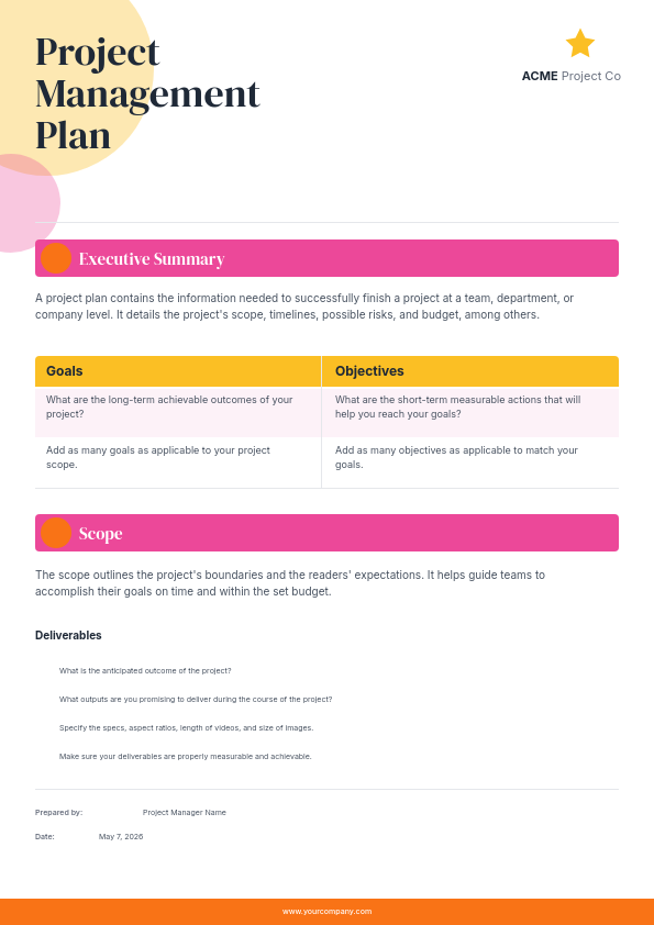 Colorful Project Management Plan with Pink and Yellow Section Headers