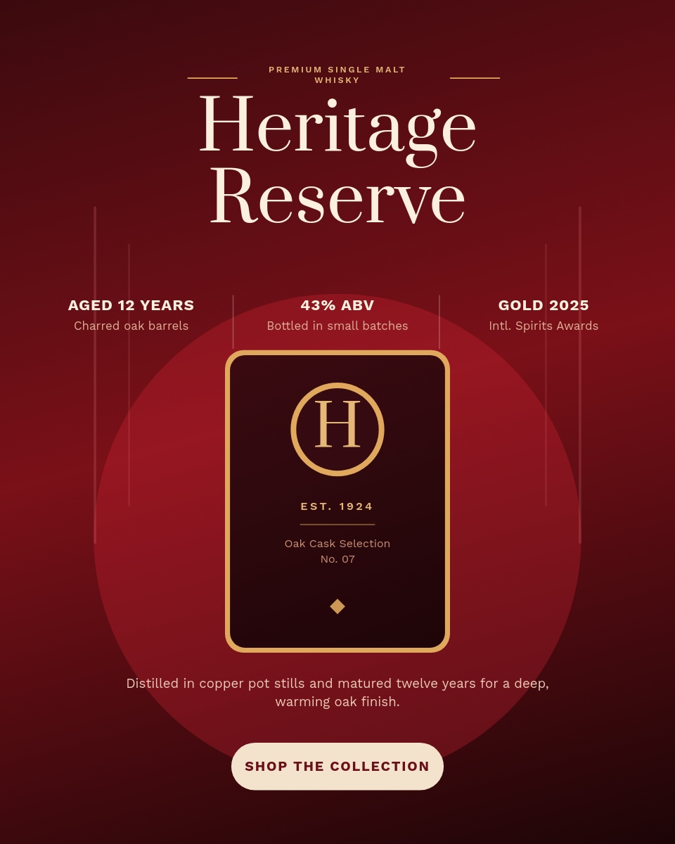 Dramatic Crimson Whisky Product Ad with Feature Columns