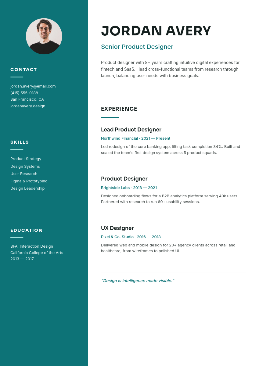 Modern Teal Sidebar Professional Resume One Page