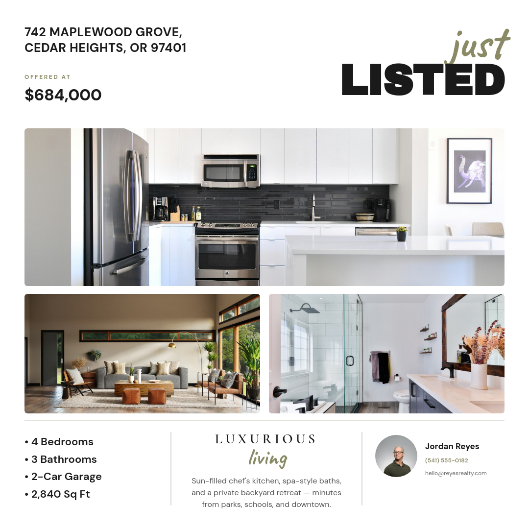 Clean White Just Listed Multi-Photo Real Estate Instagram Post