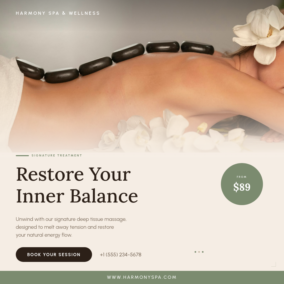 Warm Earth-Tone Spa Treatment Booking Ad with Massage Photo and Sage Accents