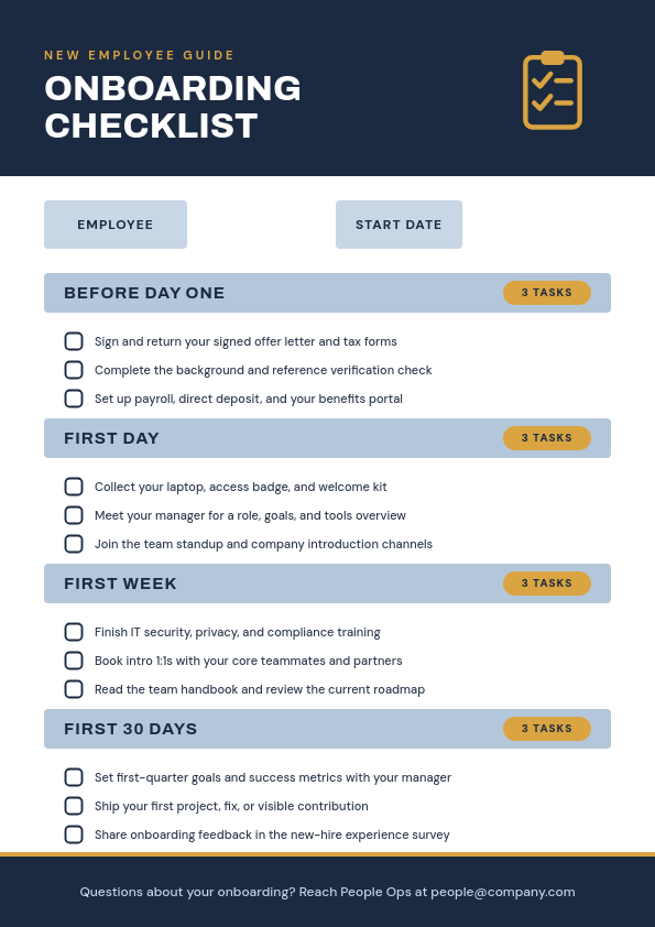 Navy and Dusty Blue Employee Onboarding Checklist A4 Document