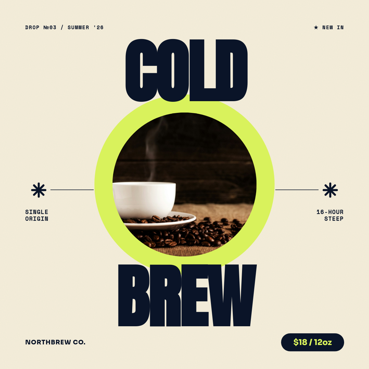 Bold Cream & Cobalt Cold Brew Shopify Product Square with Stacked Anton Poster Headline