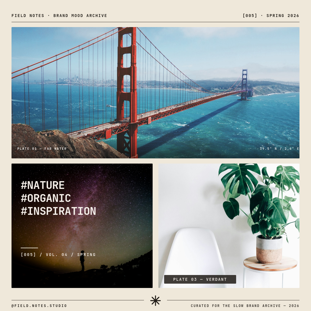 Warm Cream Field Notes Brand Mood Archive Instagram Square Editorial Moodboard Post with Three Photo Grid, JetBrains Mono Hashtag Stack Overlay on Sand Photo and Tracked Issue Volume Labels
