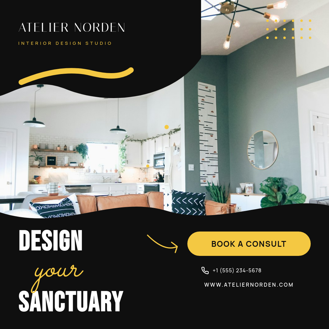 Black and Yellow Curved Overlay Interior Design Studio Instagram Square Ad with Bebas Neue Stacked Display Headline, Sacramento Script Accent and Yellow CTA Pill