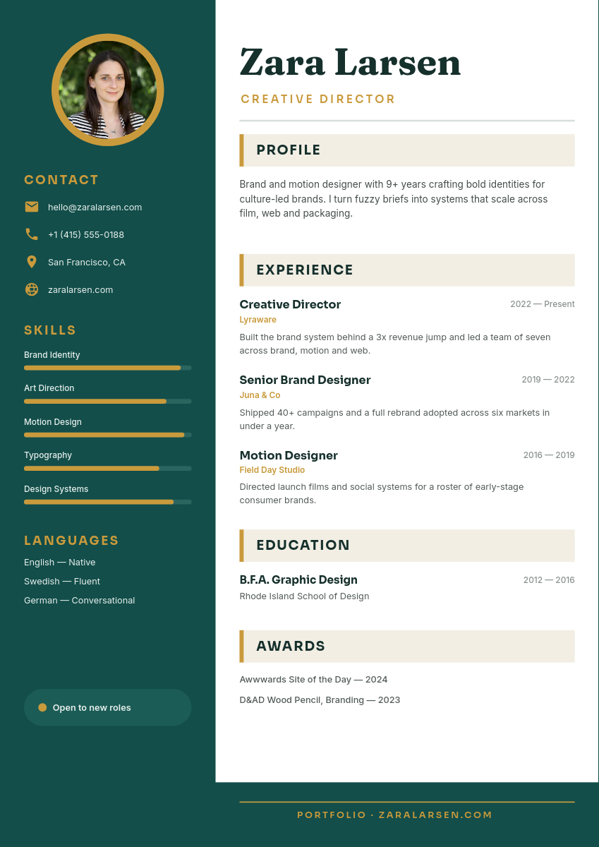 Creative Director Resume — Teal Sidebar, Fraunces Serif Name, Gold Skill Bars & Sectioned A4 Layout