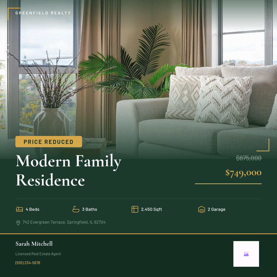 Forest Green Price Reduced Property Post with Serif Headline and Gold Accent