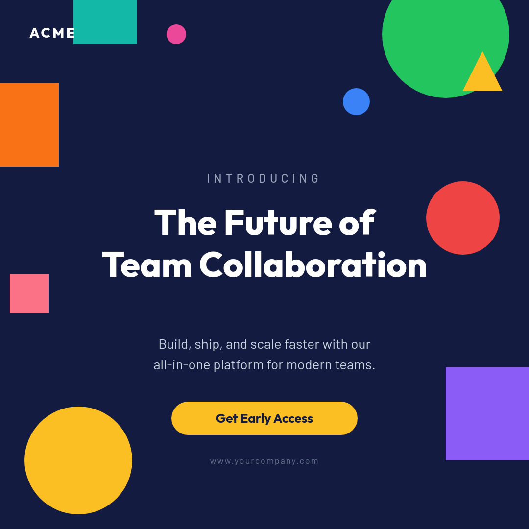 Bold Geometric Startup Launch Announcement with Colorful Shapes on Navy