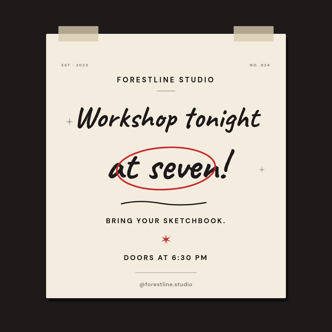 Charcoal Paper Note Workshop Tonight Handwritten Instagram Post with Caveat Script Headline, Red Circle Accent and Masking Tape Corners