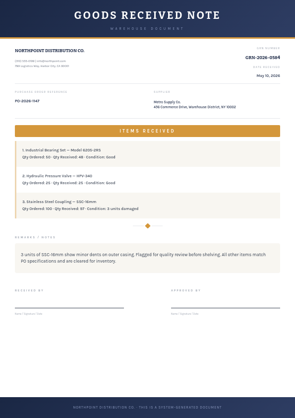 Professional Goods Received Note with Amber Section Headers and Indigo Header Bar