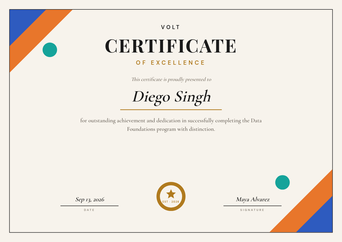 Cream & Abstract-Geometric Certificate of Excellence — Playfair Serif Title, Script Name & Gold Seal