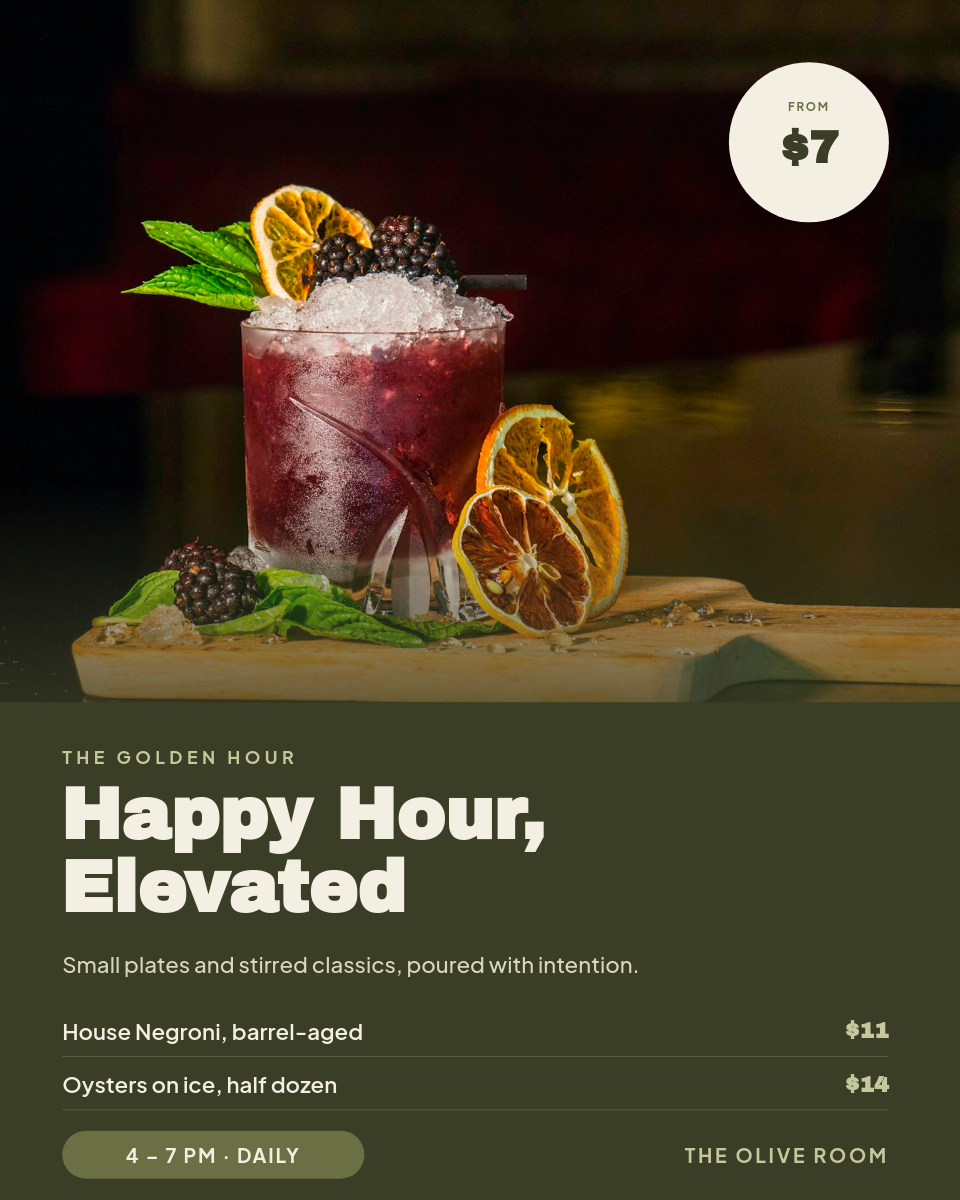 Ivory & Olive Premium Happy Hour Menu Card