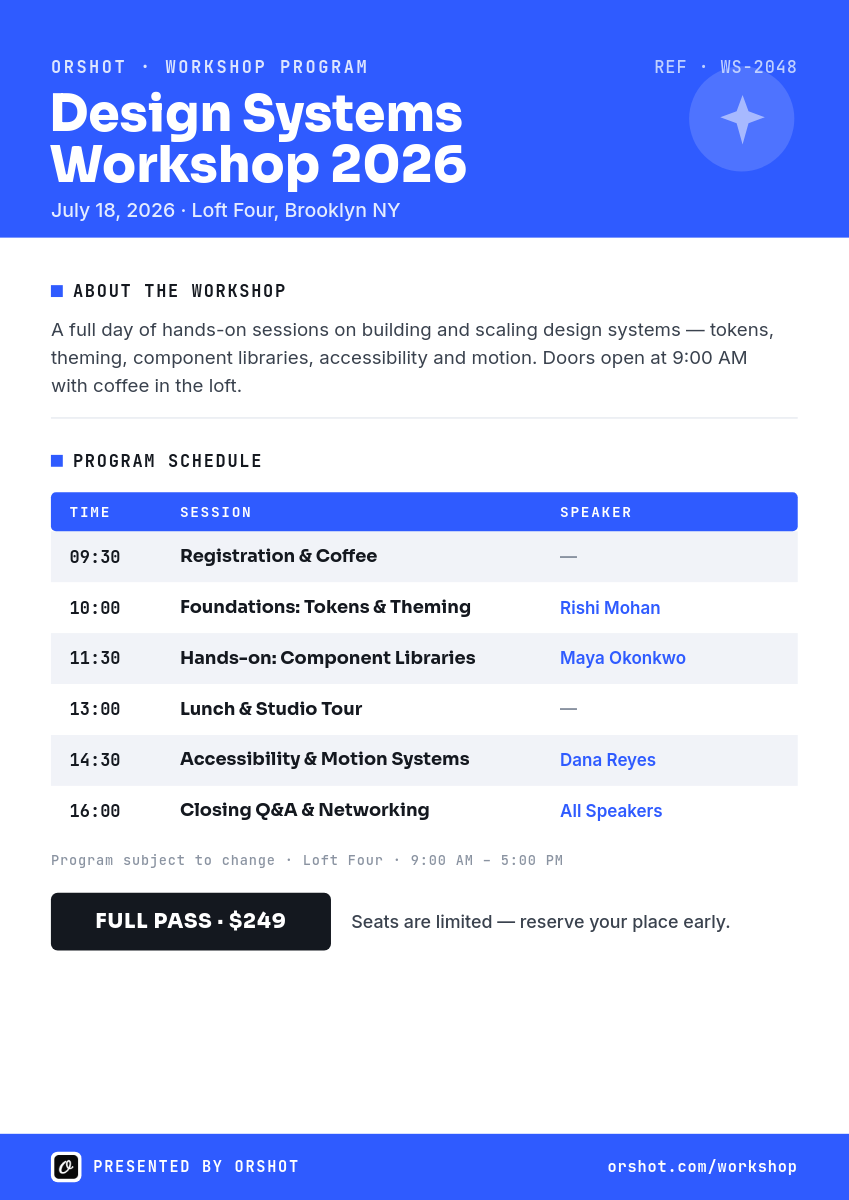 Royal-Blue Workshop Program Schedule — Sora Bold Header Band, Mono Time-Session Table & Full-Pass Pill