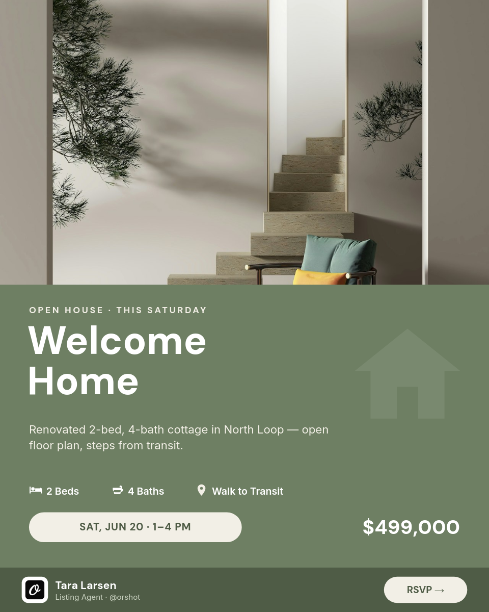 Open House Real-Estate Card — Sage-Green Split, Interior Photo, DM Sans & Agent Footer