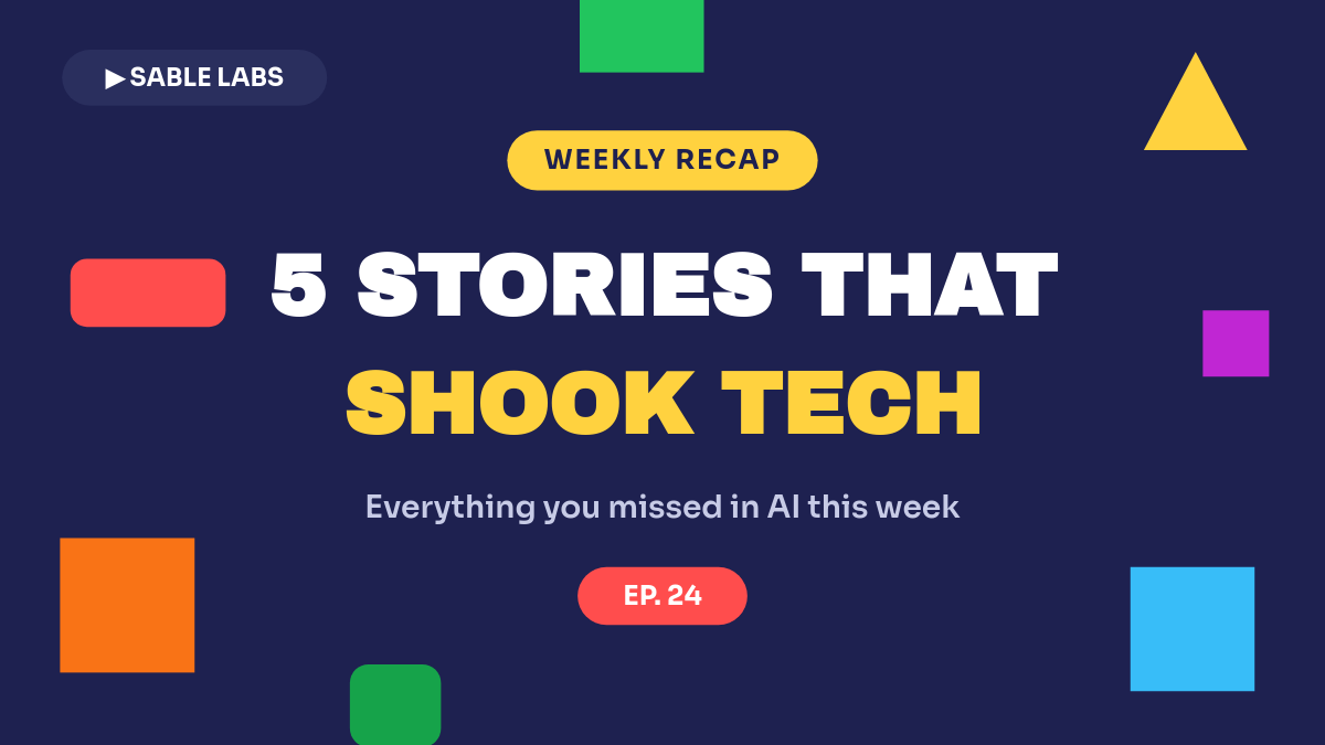 Bold Geometric Tech News-Recap YouTube Thumbnail — Navy Canvas, Scattered Shapes & Archivo Black Caps