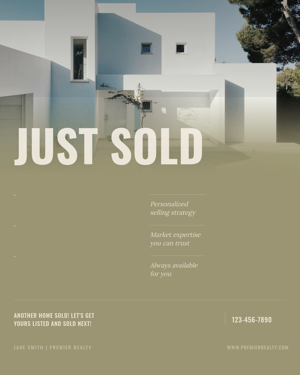 Olive Khaki Just Sold Property Post with Giant Condensed Headline and Selling Points