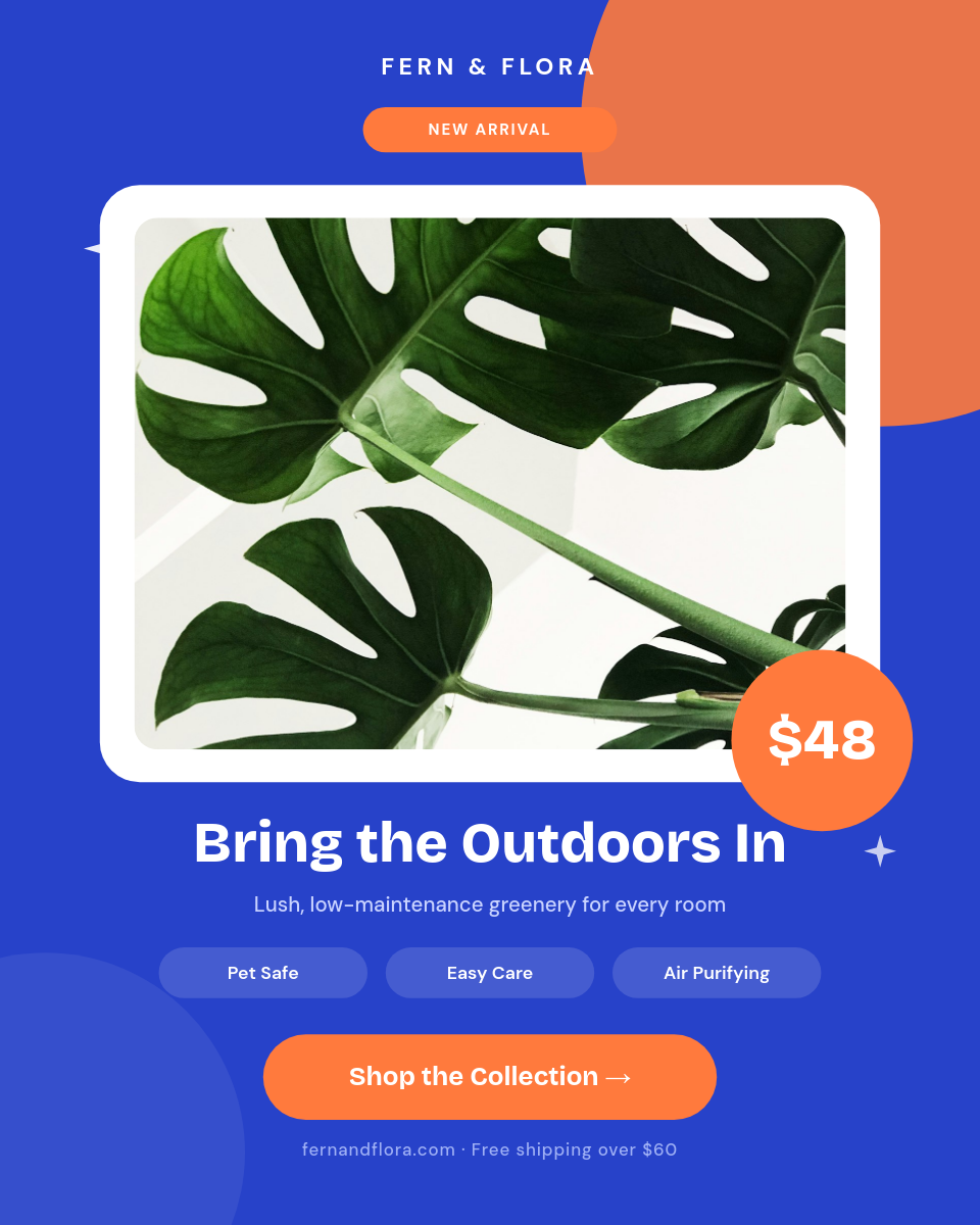 Electric Blue Houseplant Product Card with Price Badge