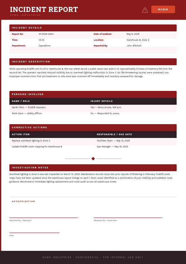 Workplace Incident Report Form with Structured Tables