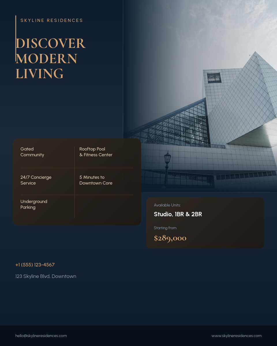 Dark Gold Luxury Apartment Tower Listing with Amenity Grid Card