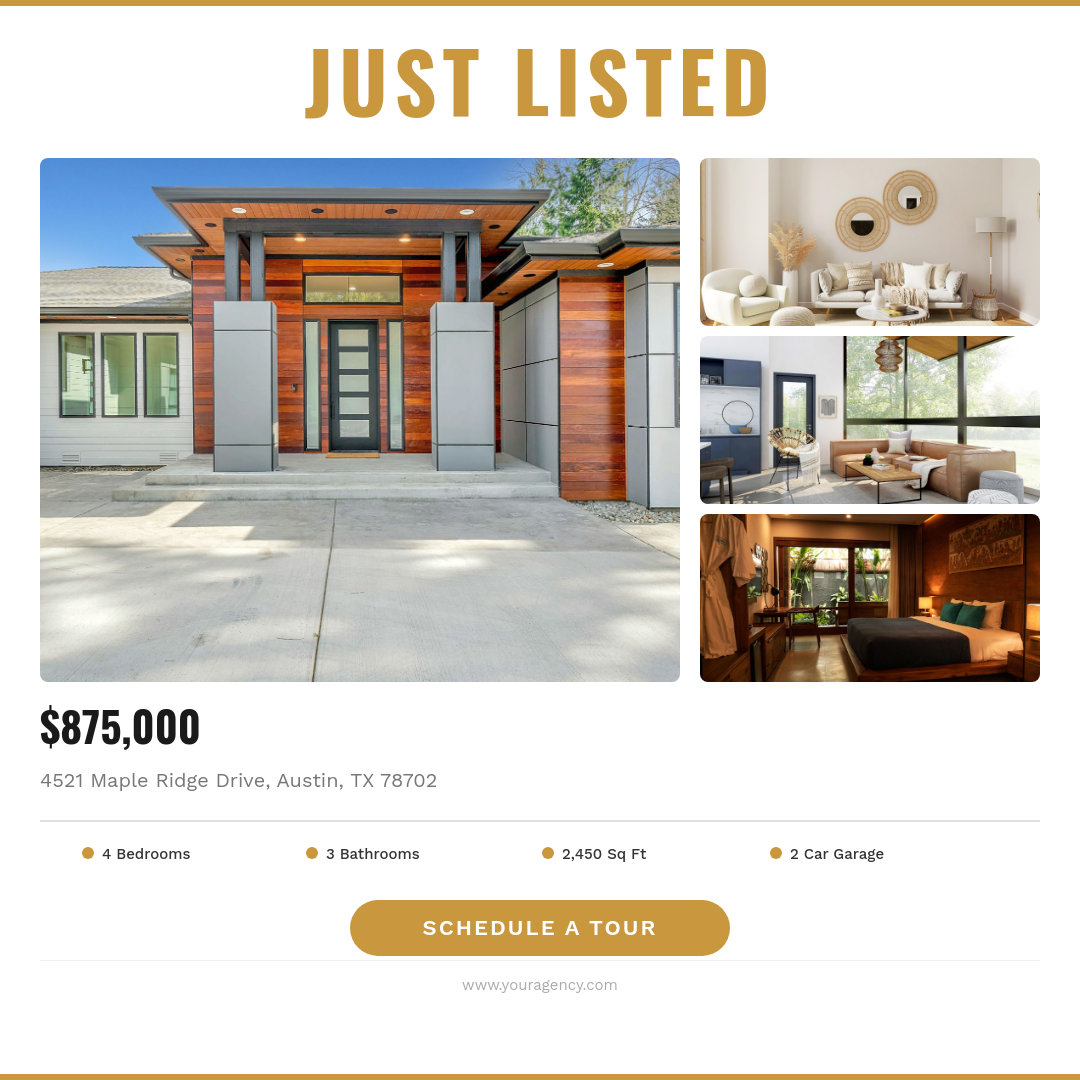 Elegant Gold Just Listed Property Post with Multi-Photo Gallery and Specs