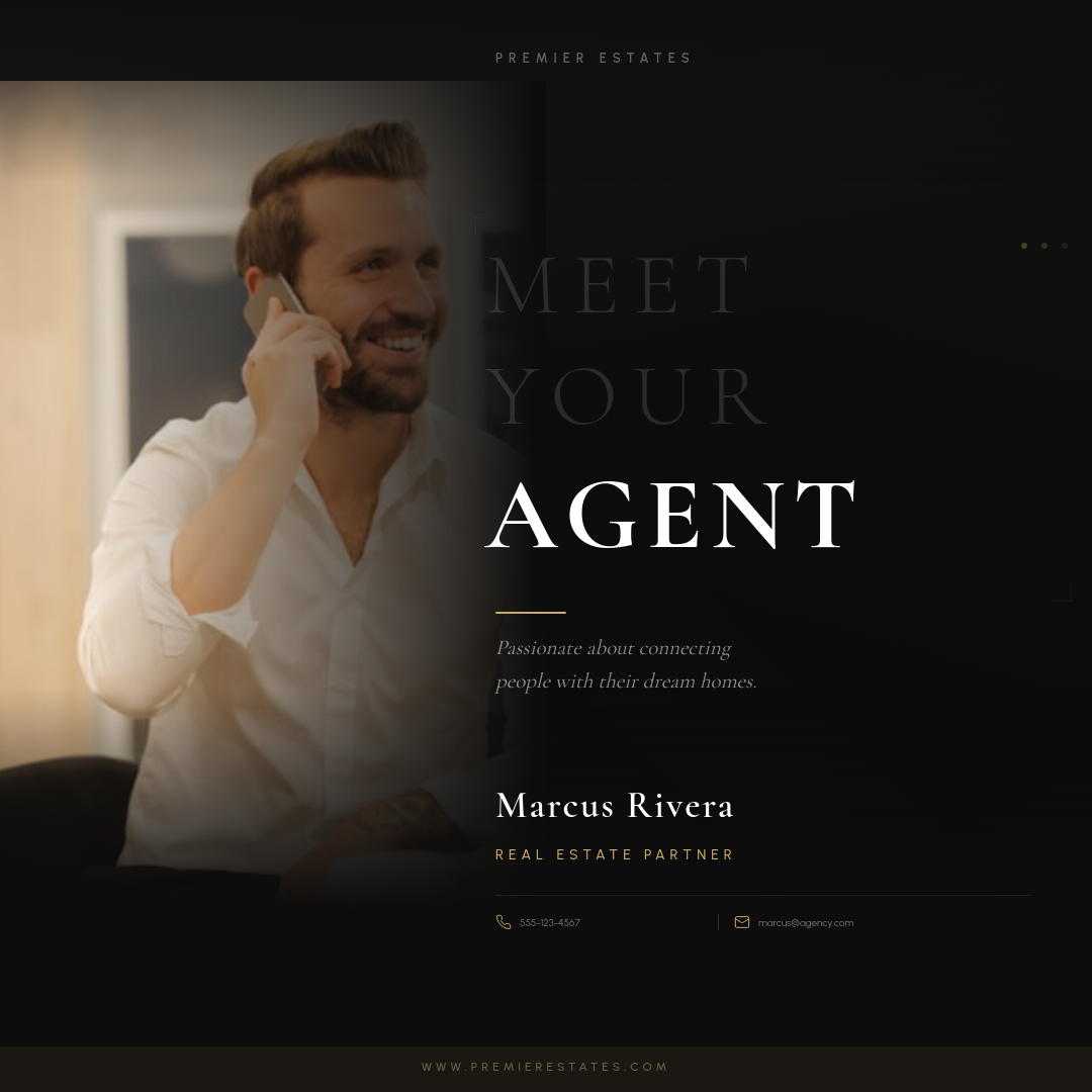 Dark Moody Meet Your Agent Introduction with Giant Serif Headline and Professional Headshot