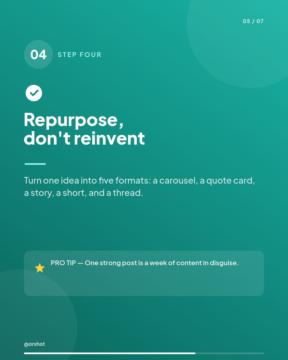 Teal-Gradient 5-Step Content Carousel — Plus Jakarta Bold, Number Discs, Pro-Tip Callouts & Progress Bar - Page 5