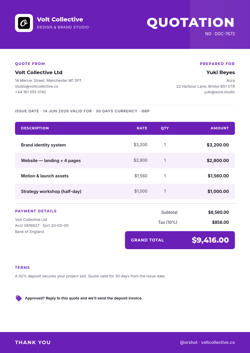 Vibrant Violet Price Quote — Montserrat Header, Itemized Table & Grand-Total Box
