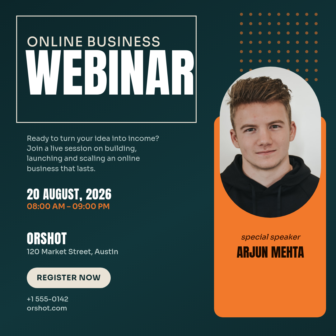 Online Business Webinar Flyer — Teal & Tangerine Speaker Square