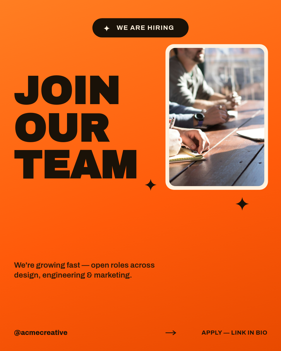 Bold Orange We're Hiring Instagram Post with Giant Headline